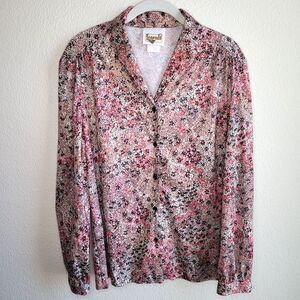 Vintage 70s Ditsy Floral Blouse Legends Sz 16 M or L Long Sleeve Pink Button USA